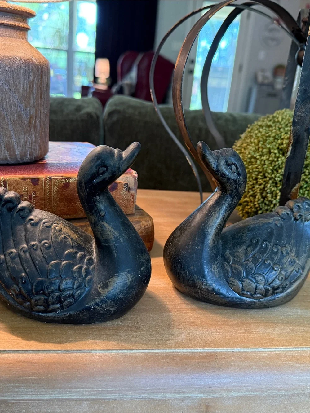 Vintage MCM Swan Figurine Pair • Black Matte with Gold Accent